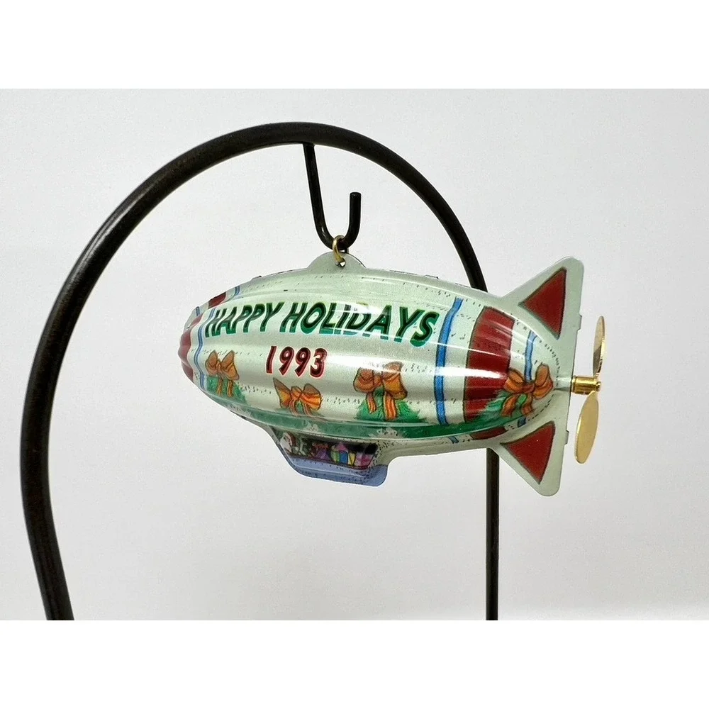 Vintage 1993 Hallmark Keepsake Ornament Holiday Fliers Tin Blimp Santa Red White